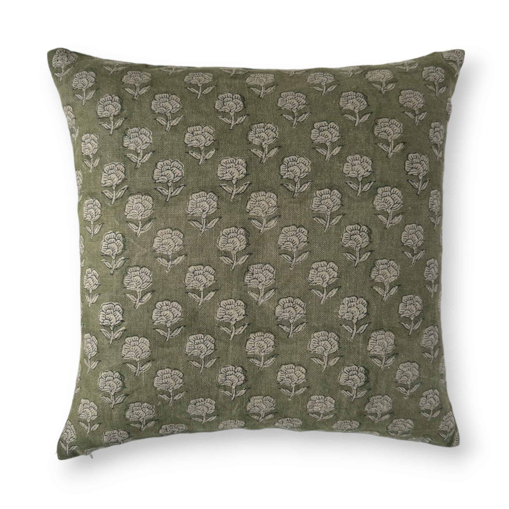 Touch of Spring Green Floral Block Print Cushion Cover