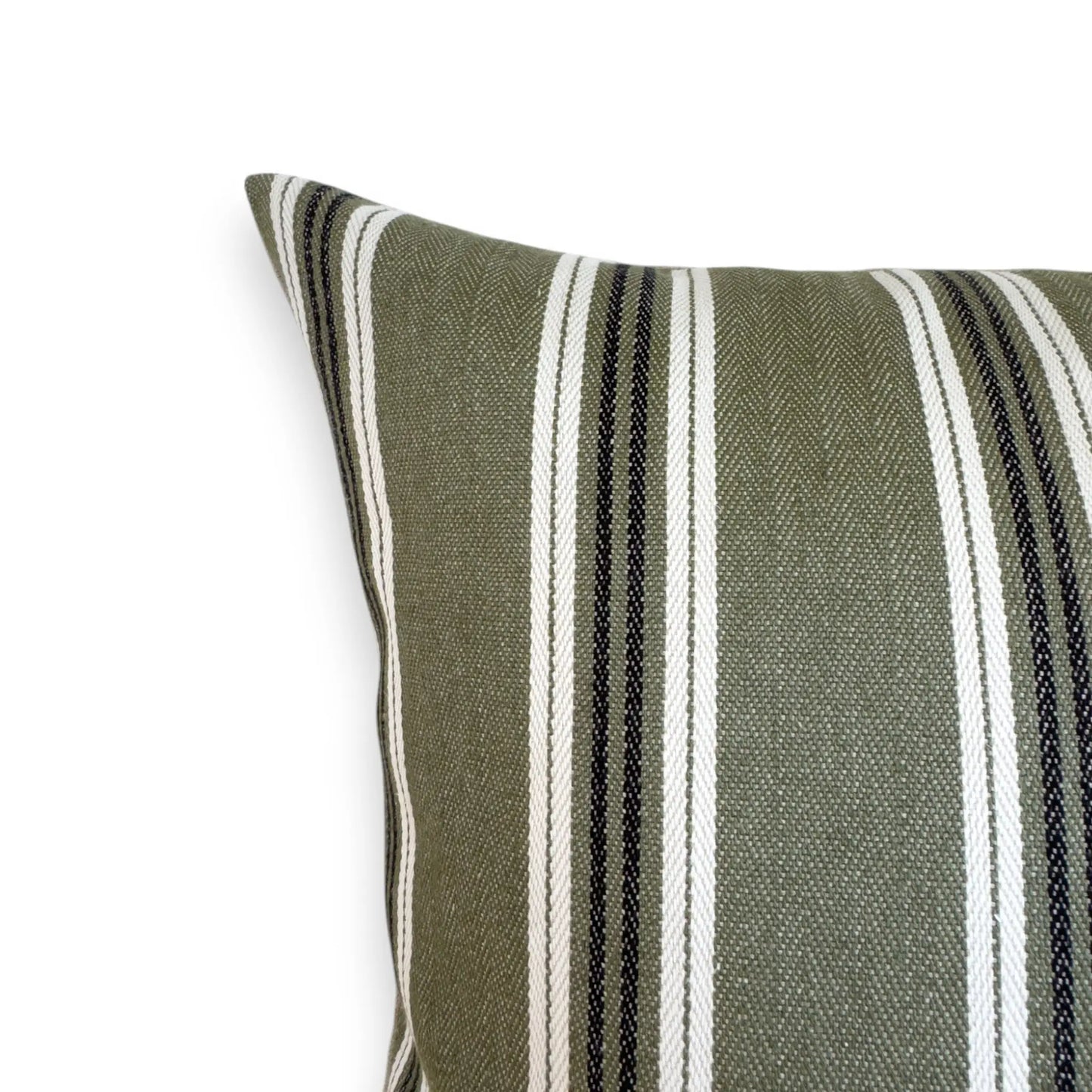 Detail view of striped olive green cushion cover