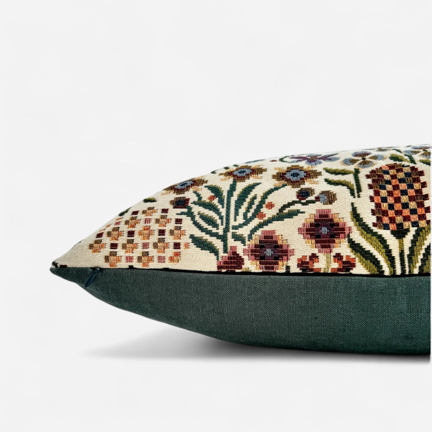 Detail view of the colourful floral tapestry cushion cover