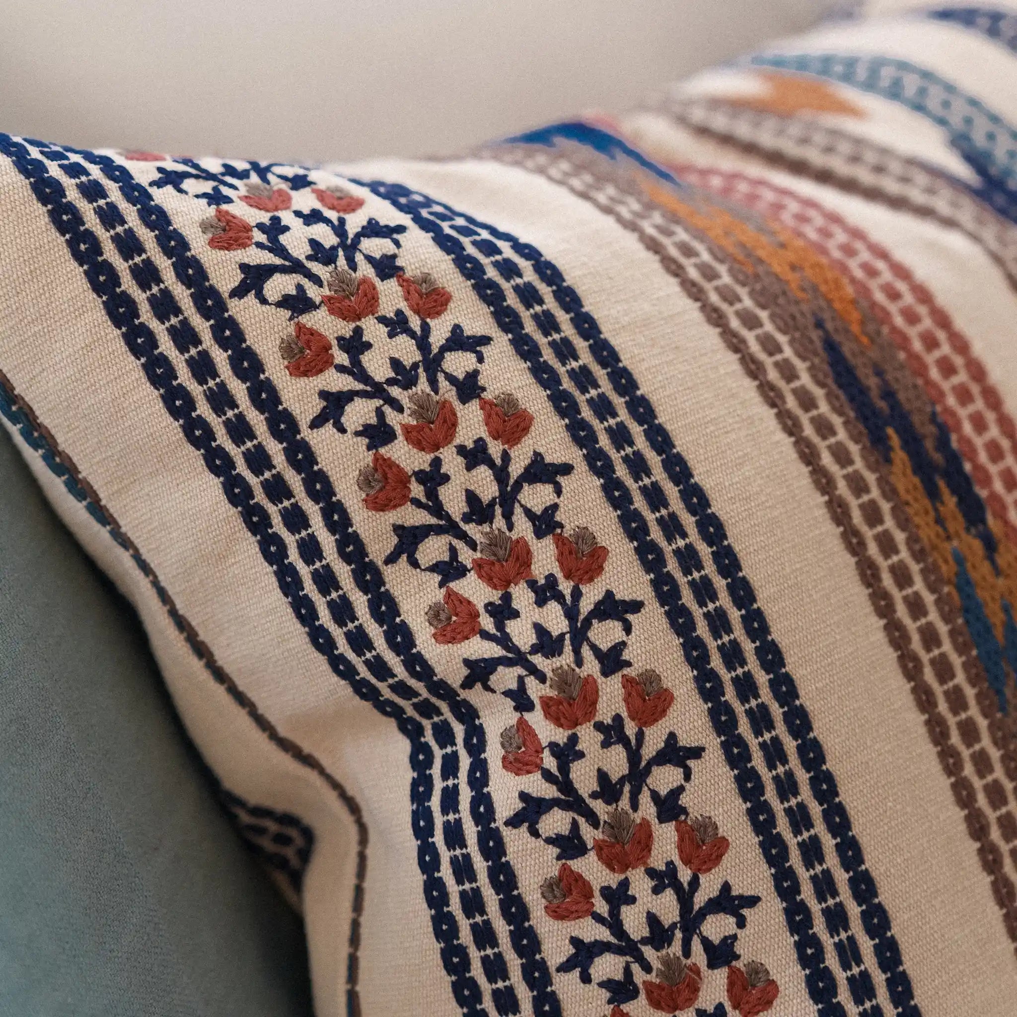 Bloomsbury Stripe cushion with embroidered floral detail