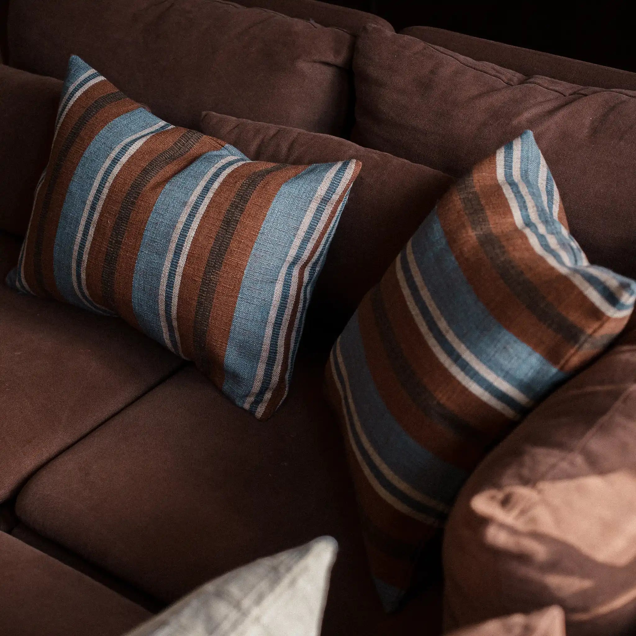 Detail view of blue and brown cushions