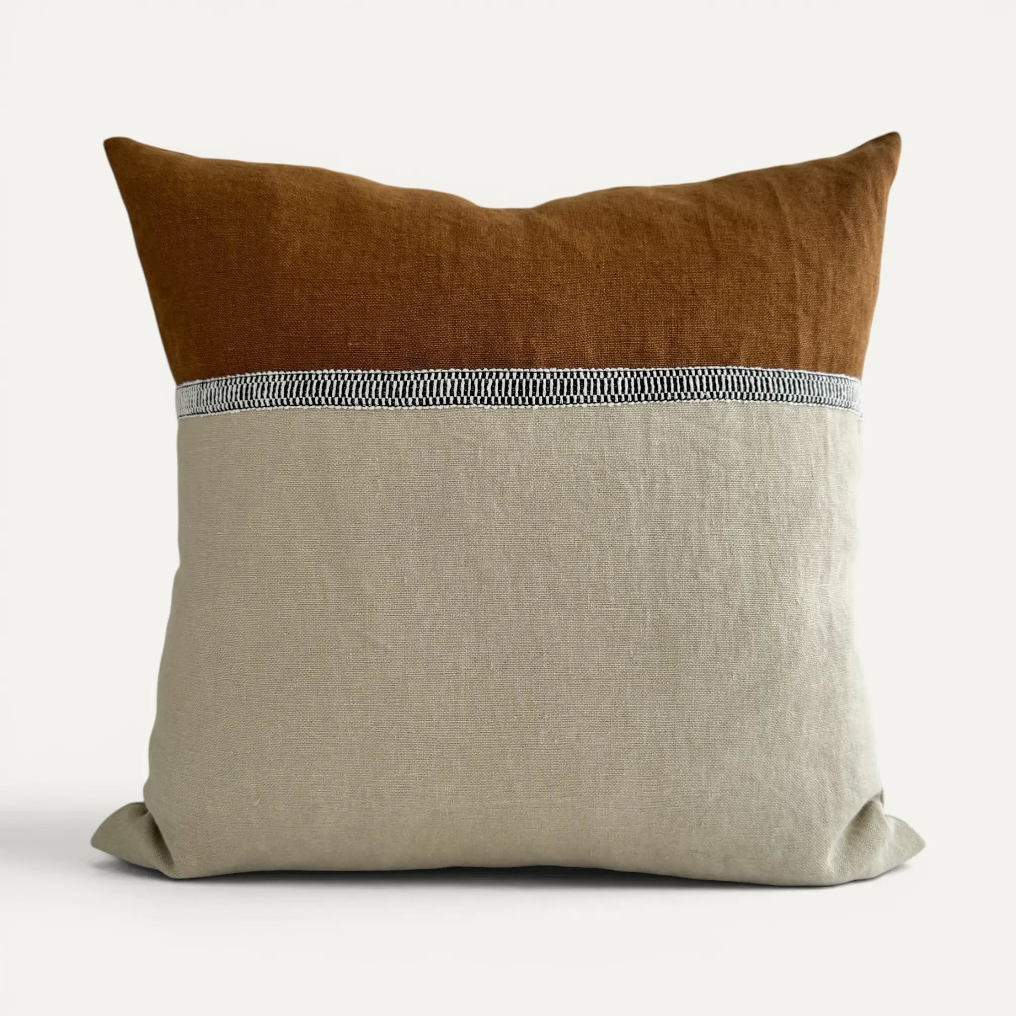 Cream and brown stonewashed linen cushion cover