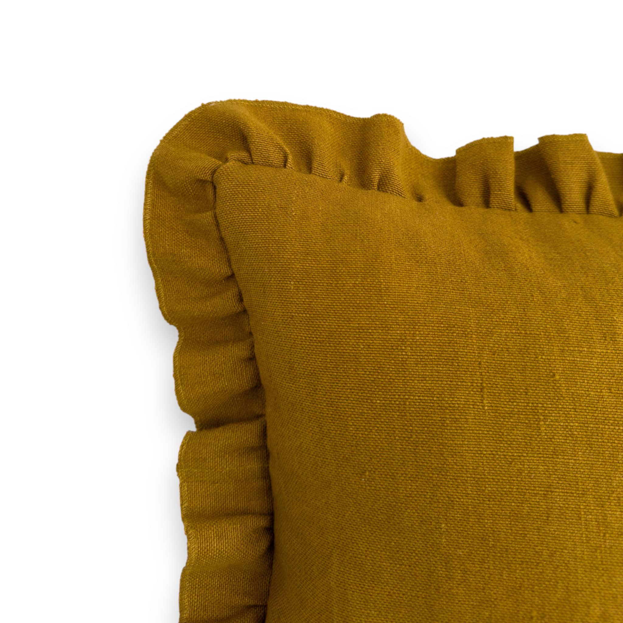 Detail view of a mustard frill cushion cover