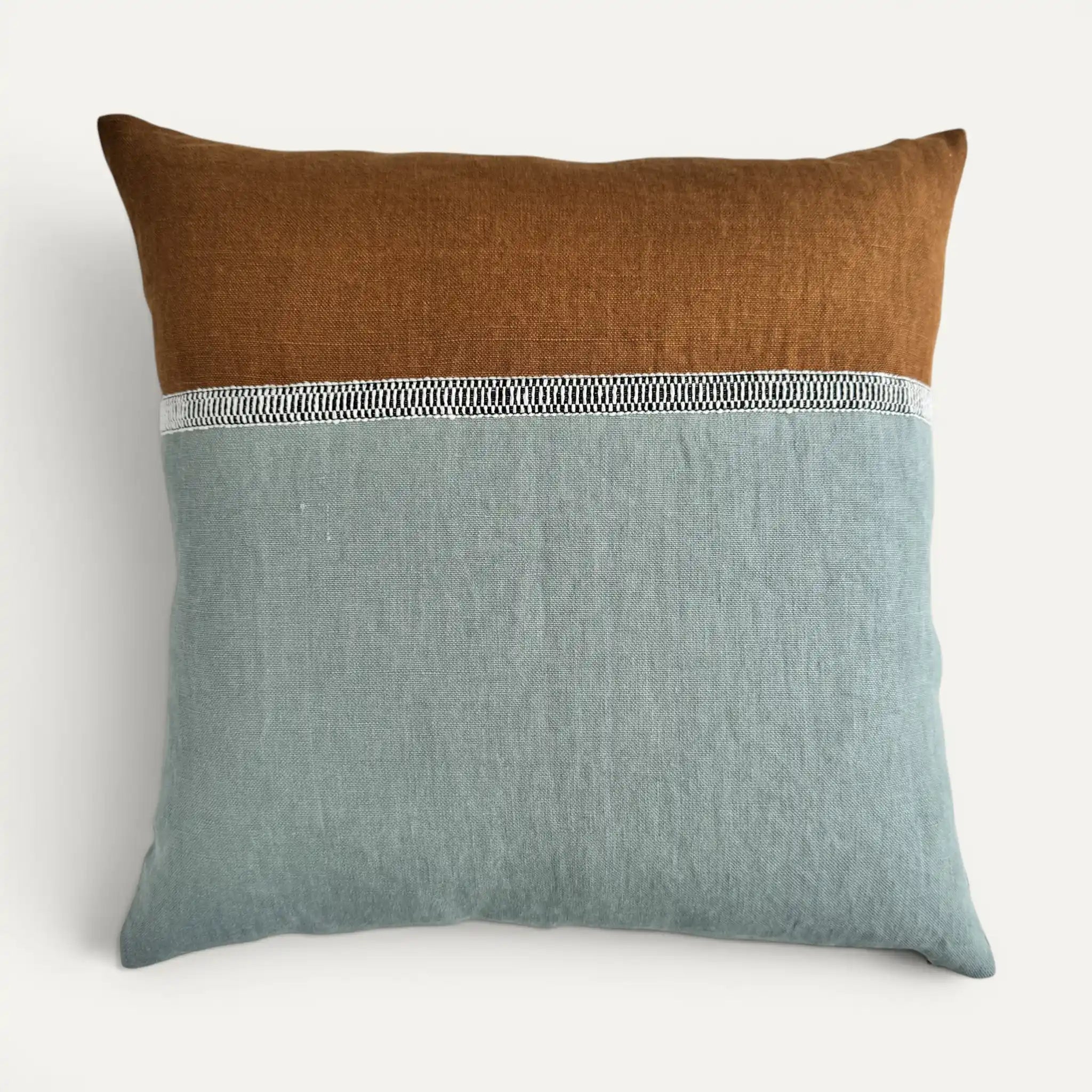 50x50 linen cushion cover in duck egg blue and brown