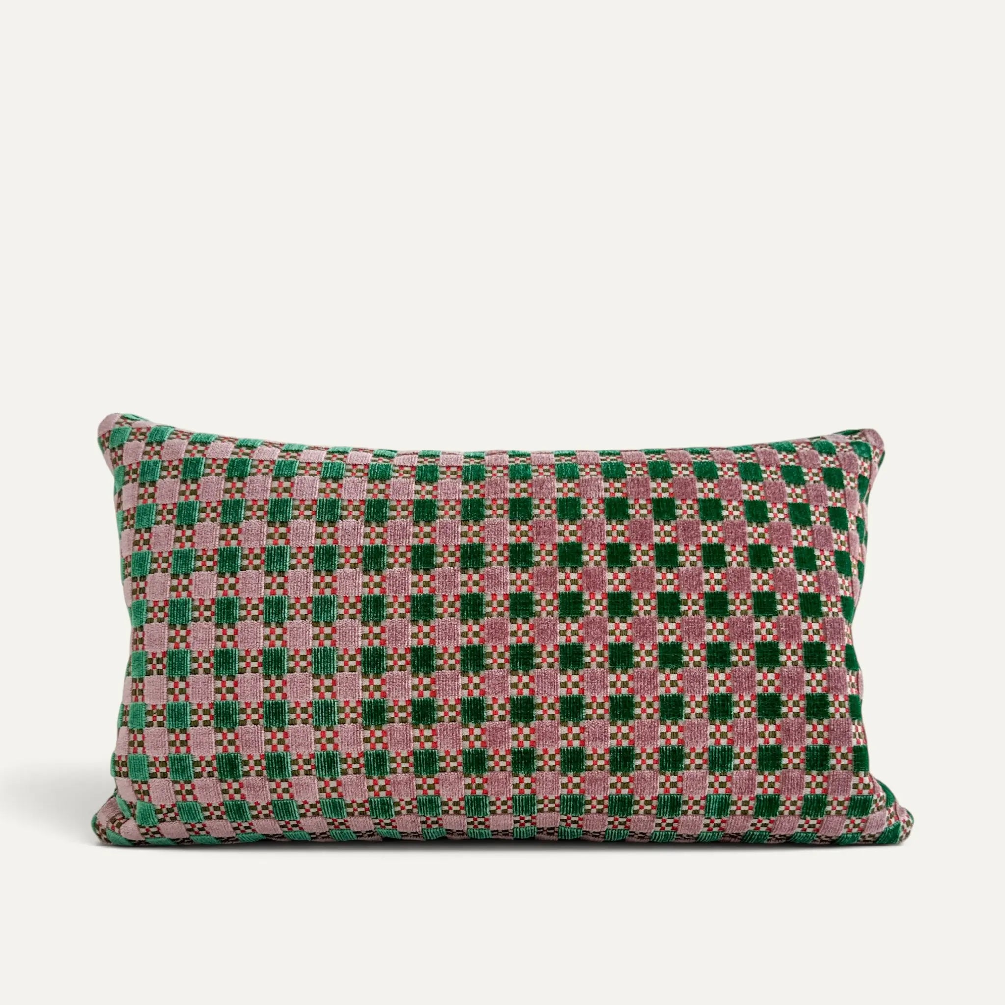 Pink and green velvet check cushion cover made with Nina Campbell Theodora fabric in Jade and Pink