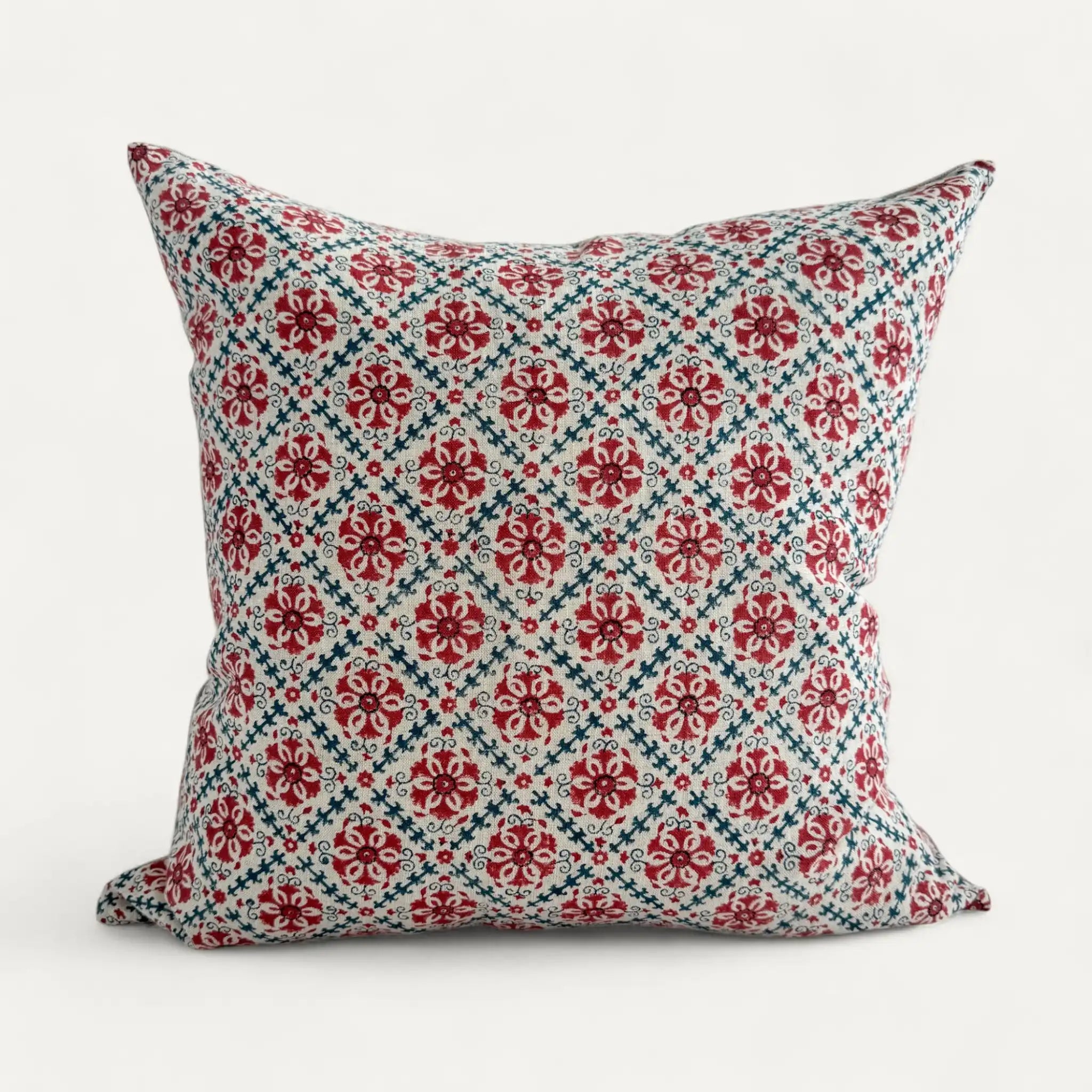 Red and blue floral hand block printed linen cushion cover