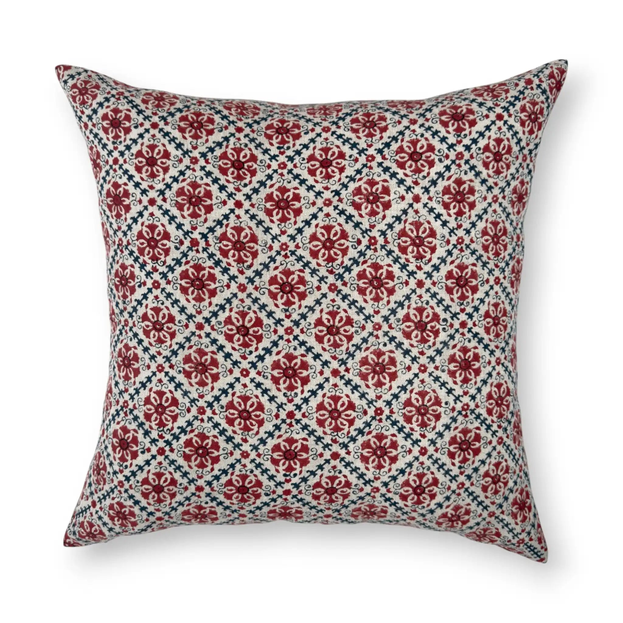Red and blue floral block print cushion cover, 50x50 cm
