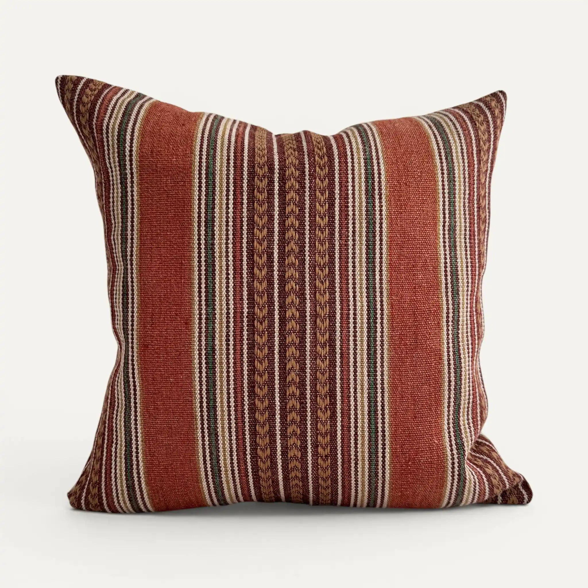 Rust red striped boho cushion cover in cotton and jute