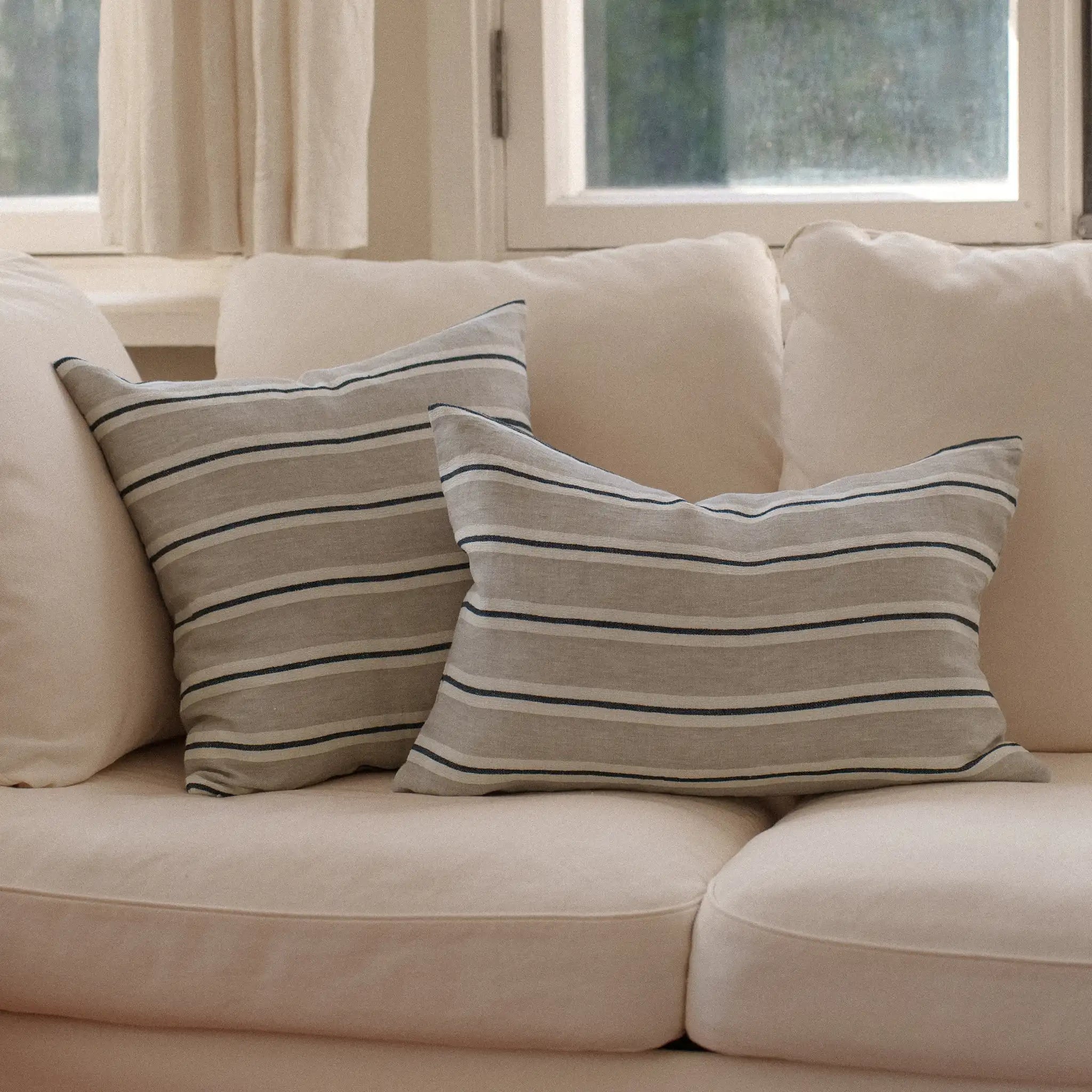 Square and rectangular linen neutral striped cushions