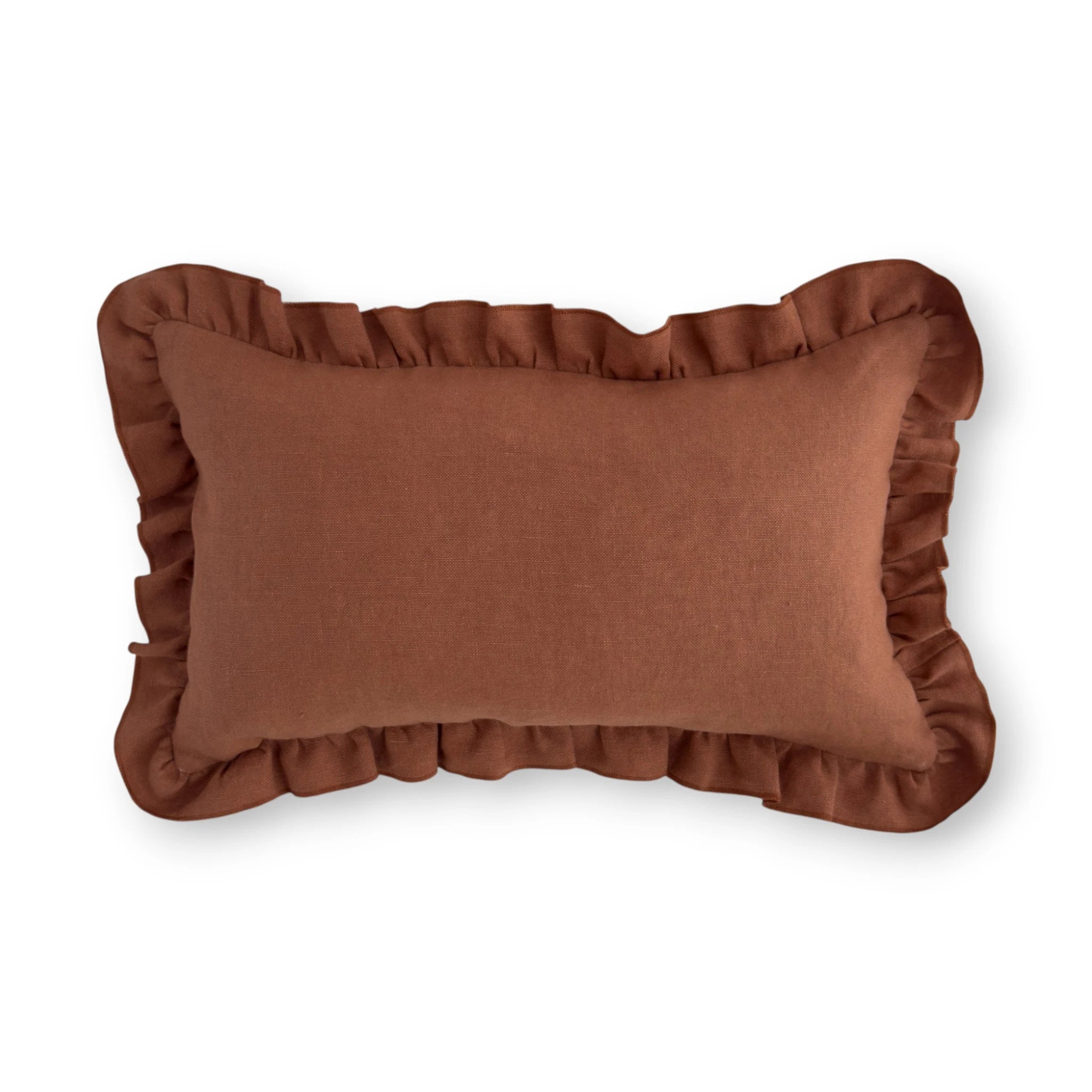 Terracotta ruffle edge linen cushion cover, 30x50 cm