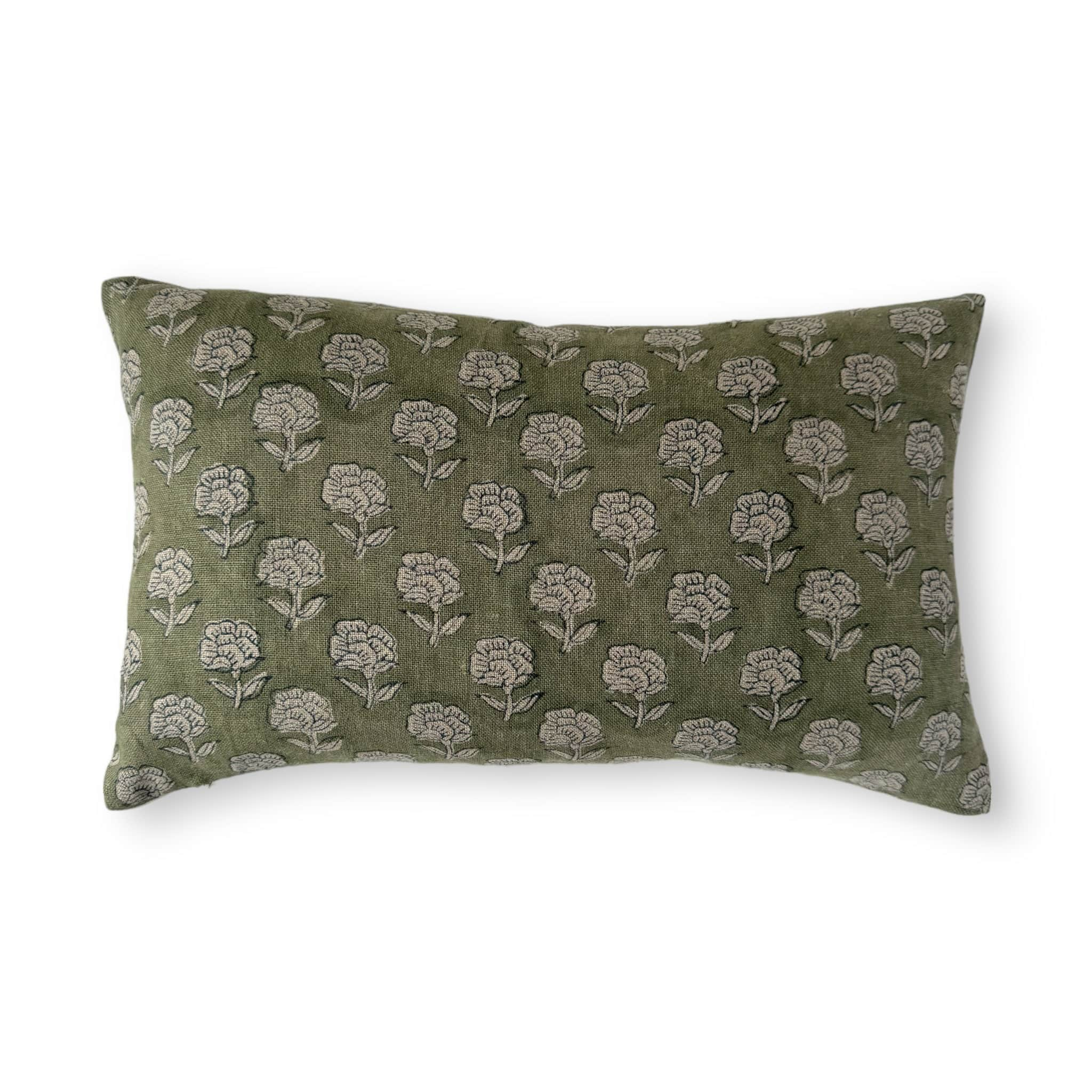 Touch of Spring Green Floral Block Print Cushion Cover