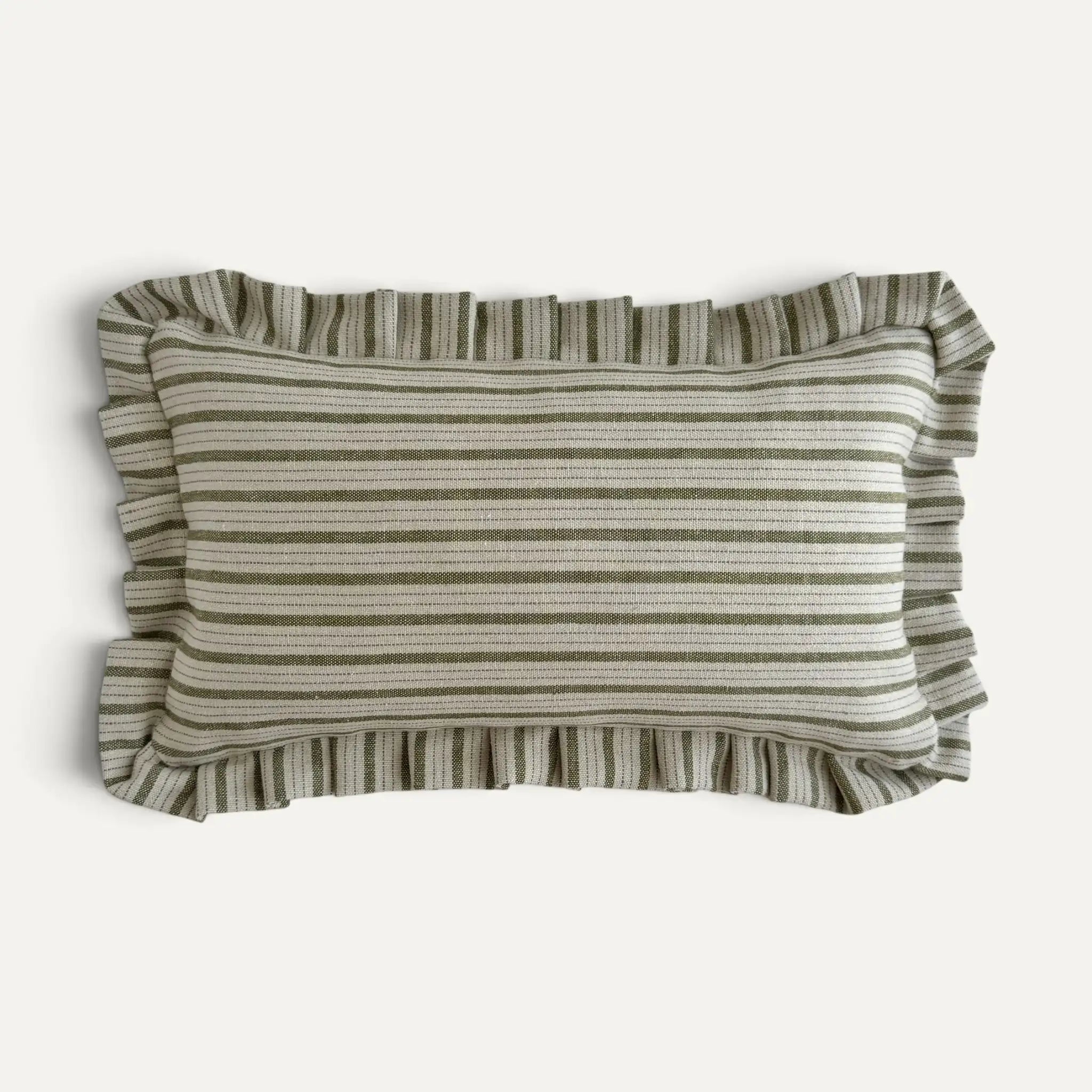A rectangular striped cushion with ruffled edges in muted green and neutral tones, shown against a plain light background.