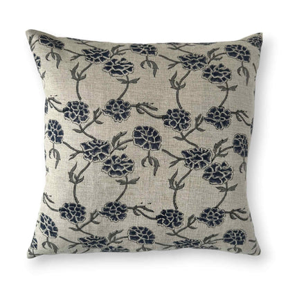 50x50 cm beige neutral linen cushion cover with blue flowers