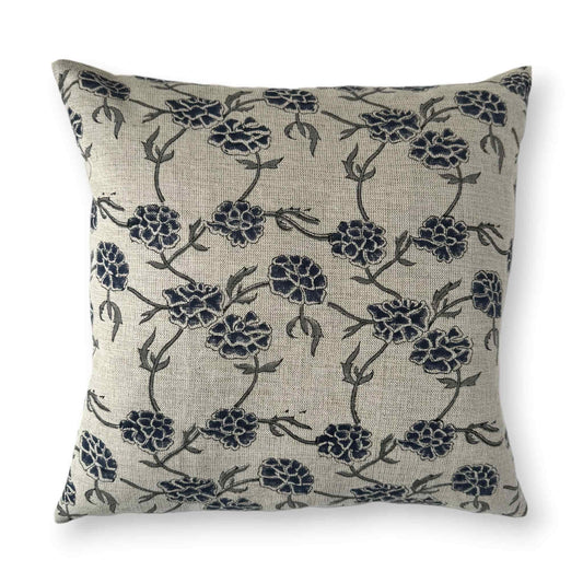 50x50 cm beige neutral linen cushion cover with blue flowers