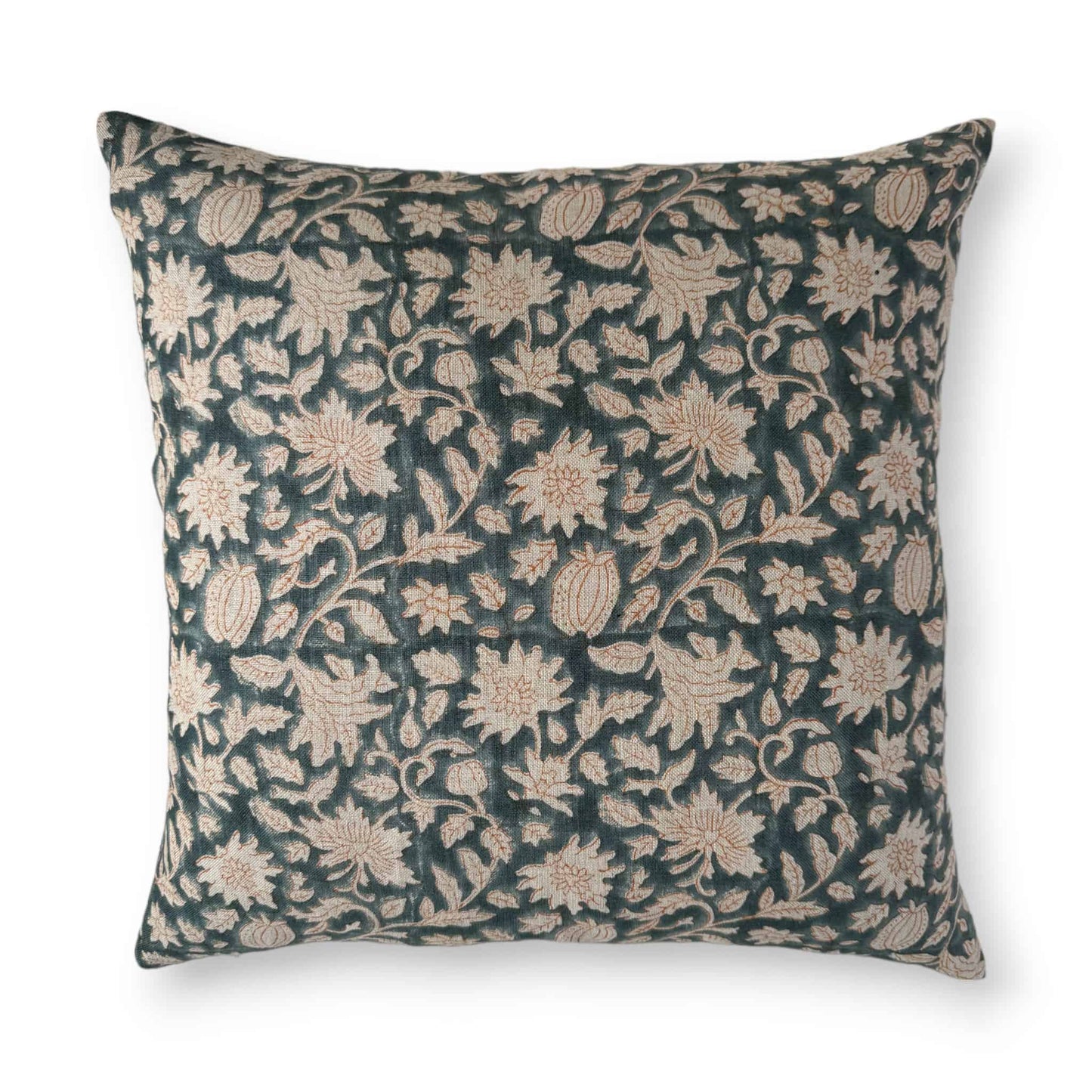 50x50 cm blue floral block-print linen cushion cover