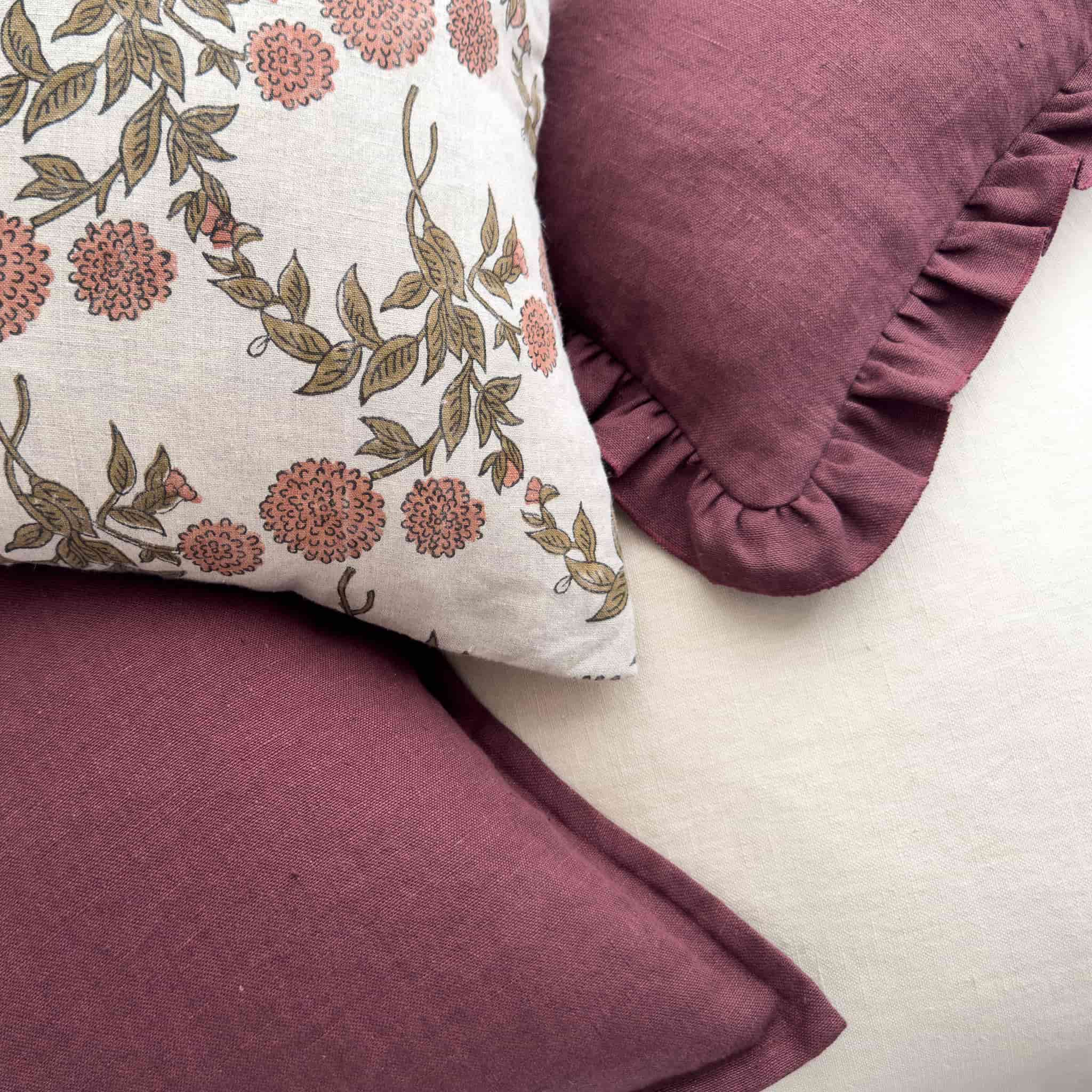 Purple and blush pink linen cushions