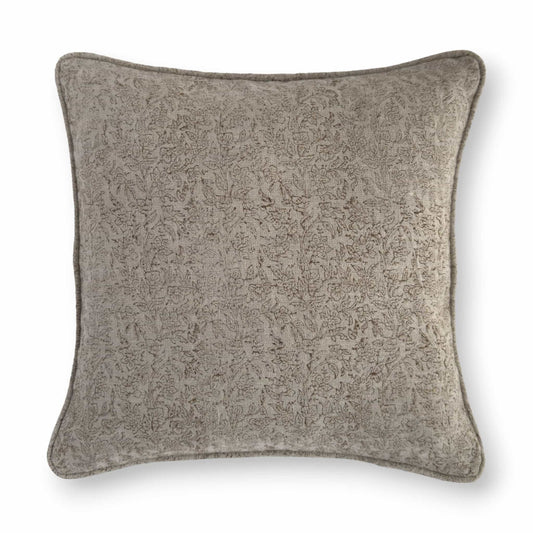 Beige brown floral linen block print cushion cover