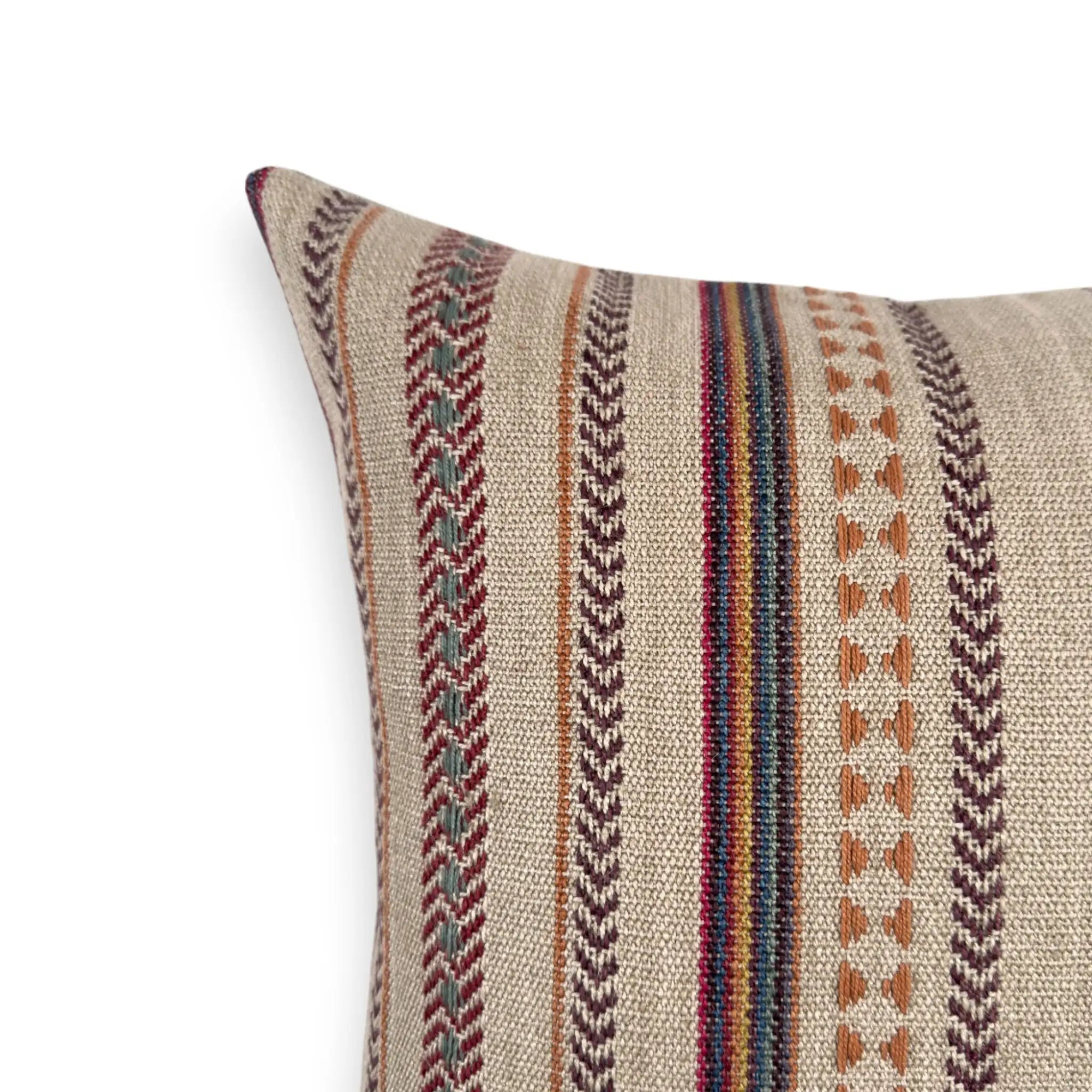 Detail view of patterned bohemian cushion in cotton and jute