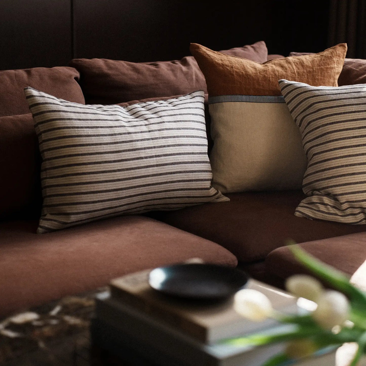 Detail view of a black and white striped cushion and brown and cream cushion