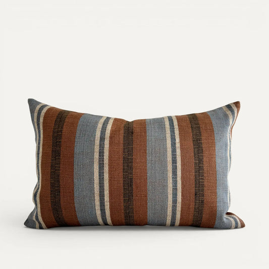 Blue and brown striped cushion cover in lumbar style