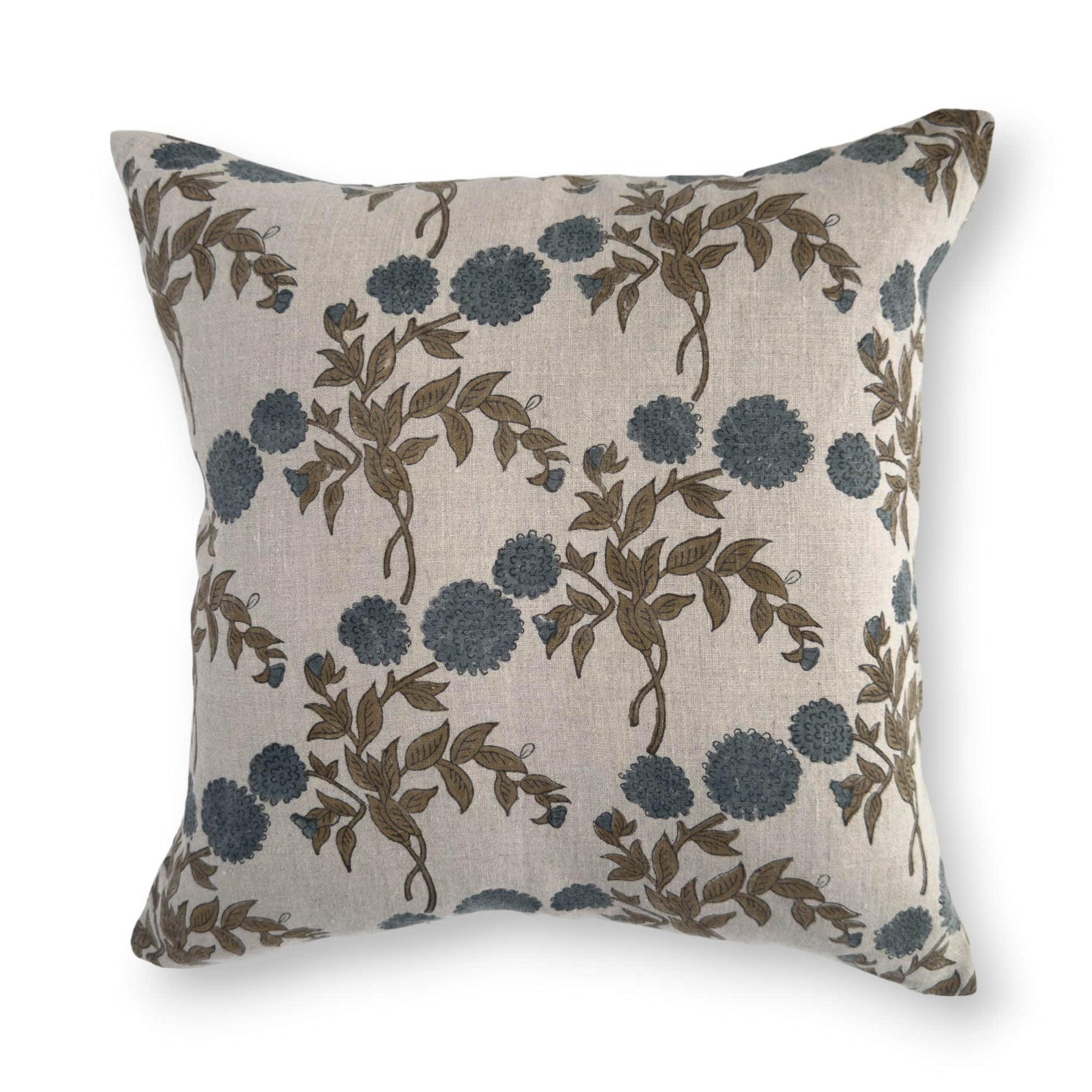 Blue floral linen block print cushion cover