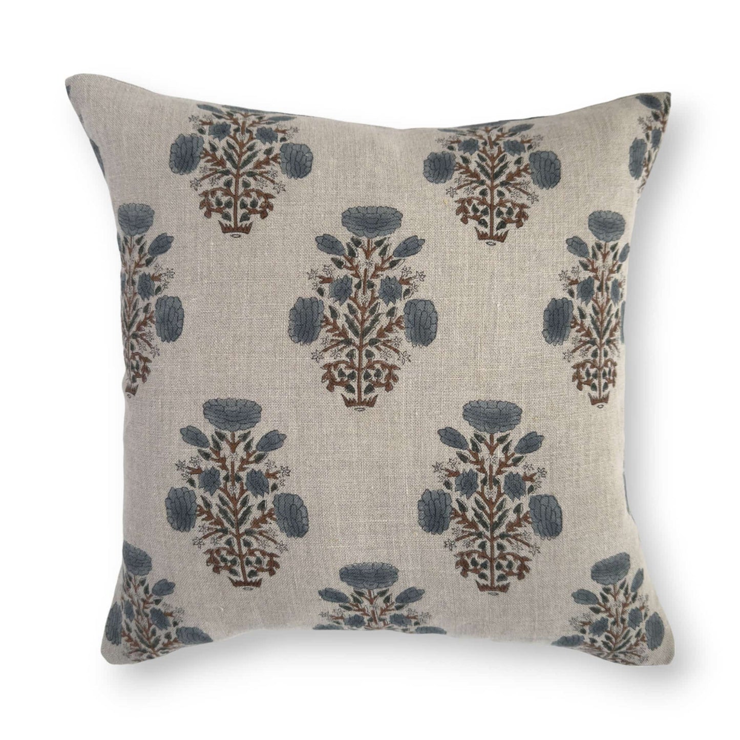 Blue floral linen block print cushion cover