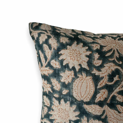 close up view of the blue floral cushion cover