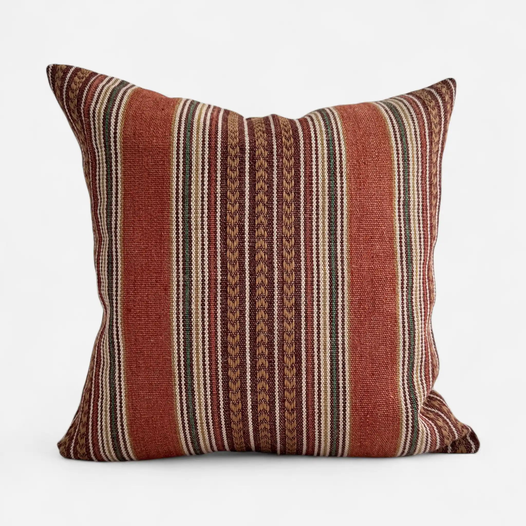 Rust red striped boho cushion cover in cotton and jute