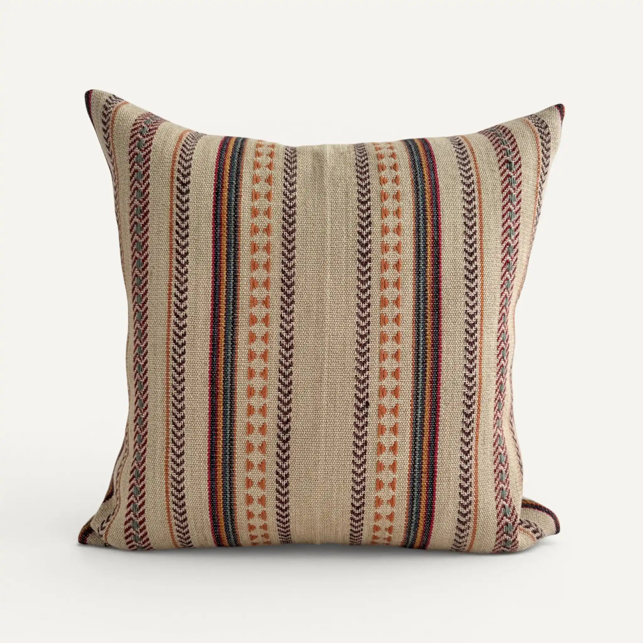 Natural patterned boho cushion with colourful stripes
