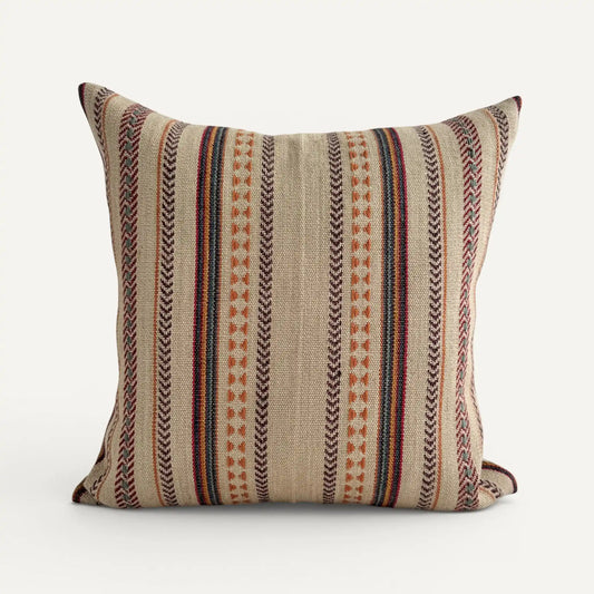 Natural patterned boho cushion with colourful stripes
