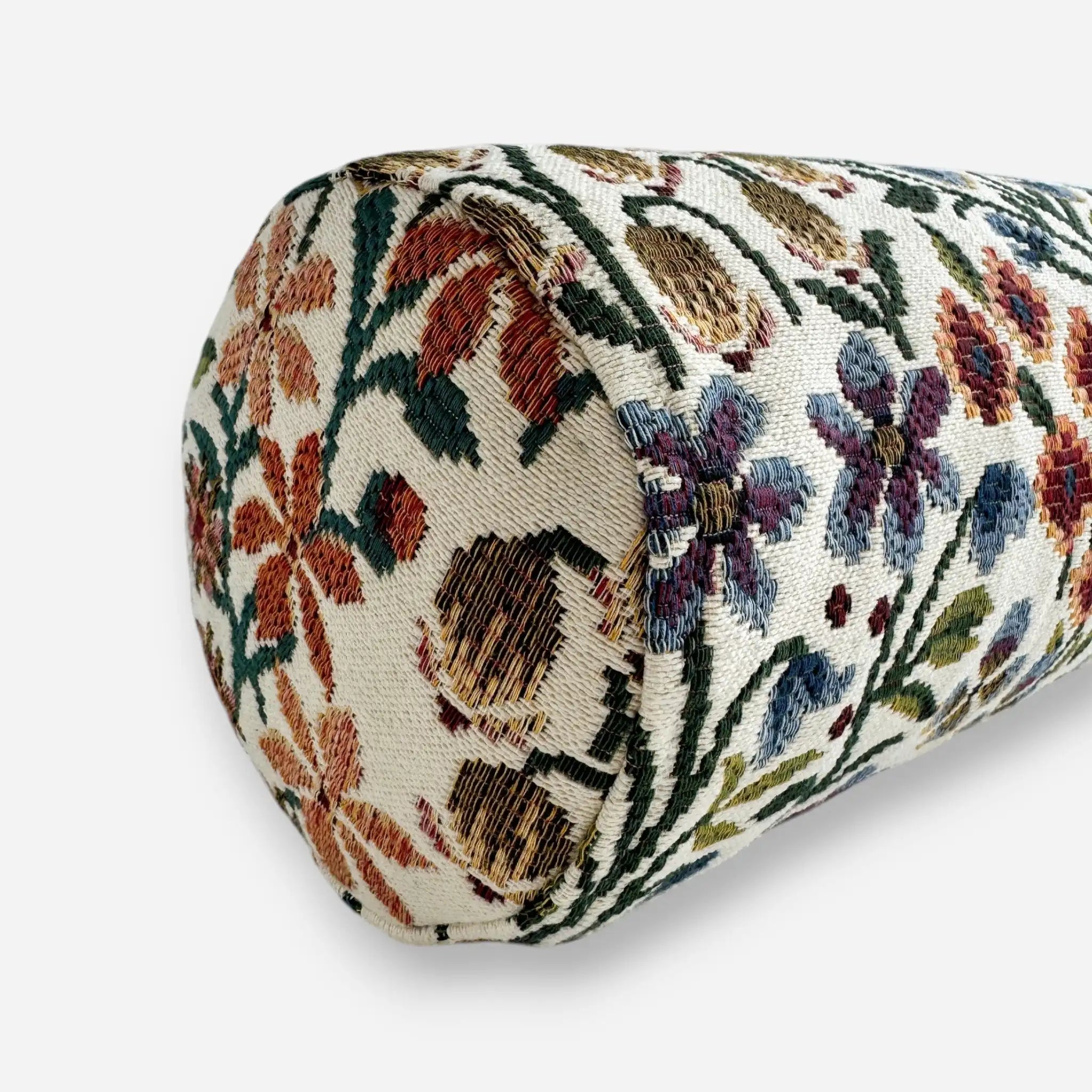 Detail view of floral bolster cushion