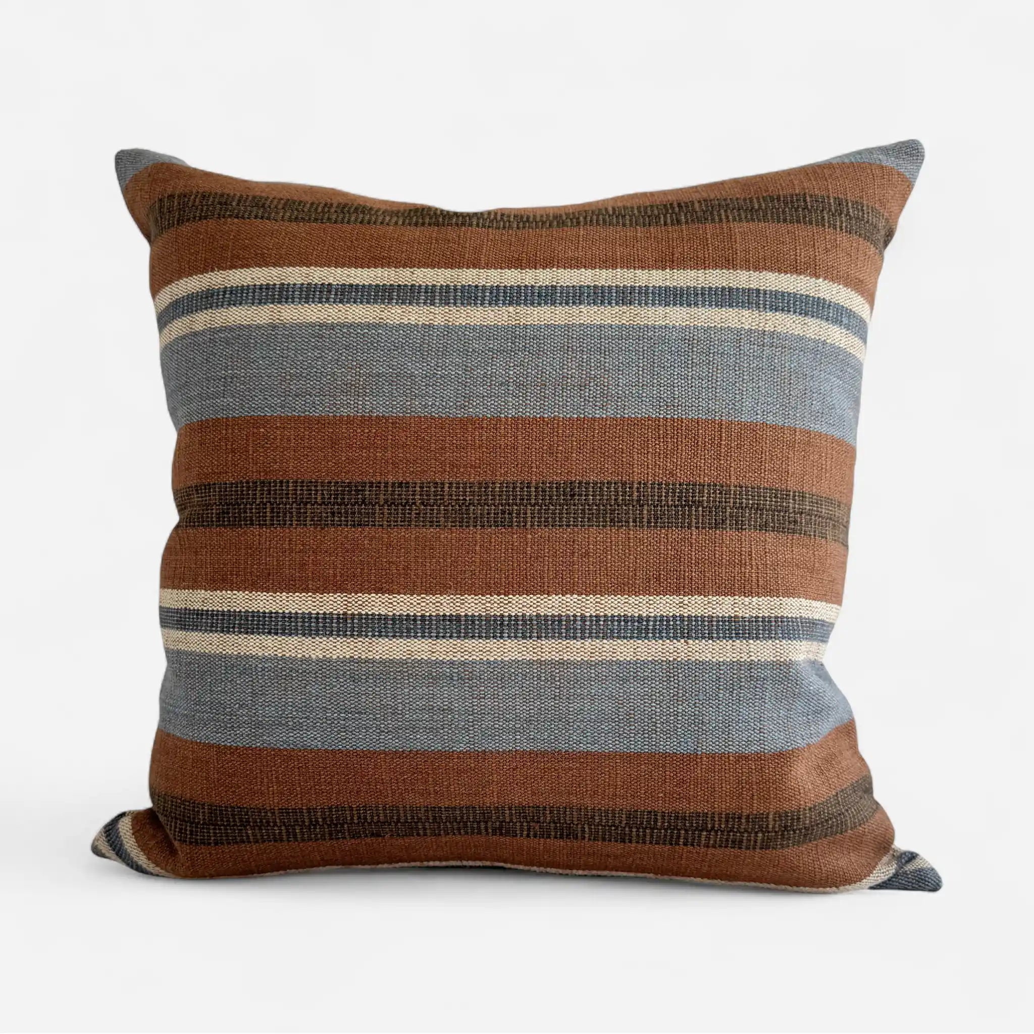 Square blue and brown striped cushion cover in handwoven cotton-jute