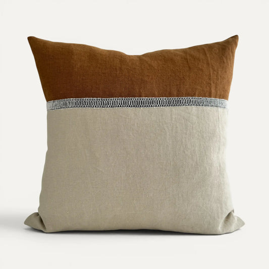 Cream and brown stonewashed linen cushion cover
