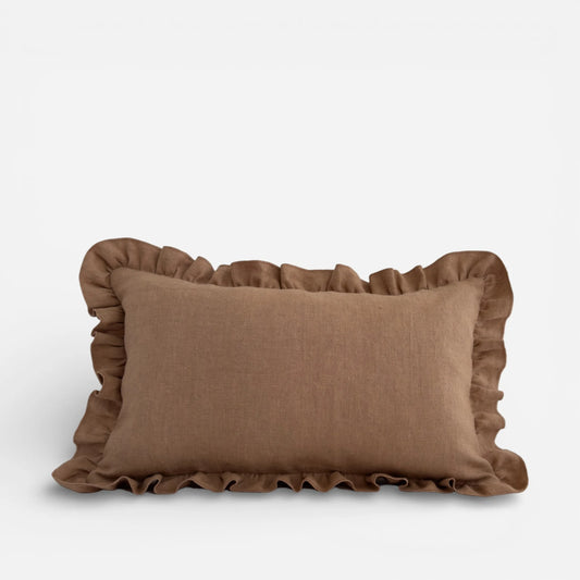 Clay brown linen ruffle cushion cover