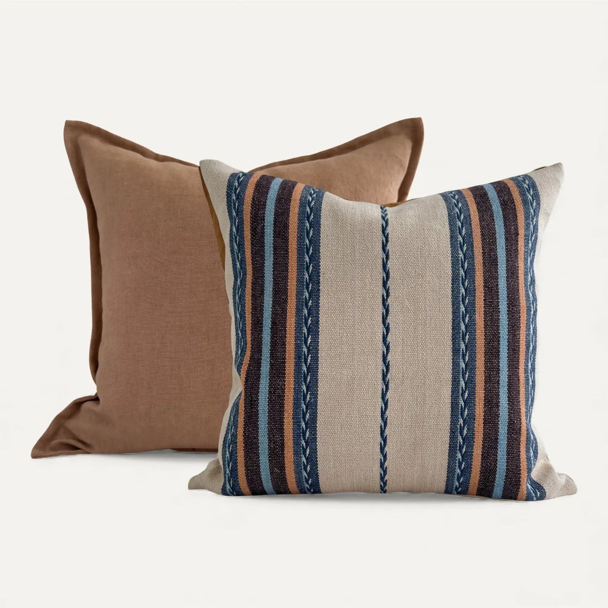 Cushion cover set with neutral striped cushion cover and clay brown linen cushion cover