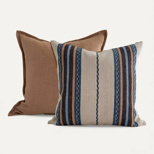 Cushion cover set with neutral striped cushion cover and clay brown linen cushion cover