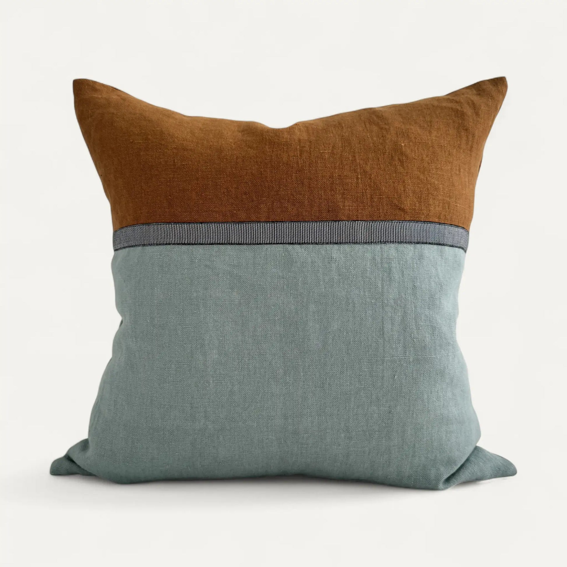 Duck egg blue and brown linen cushion cover