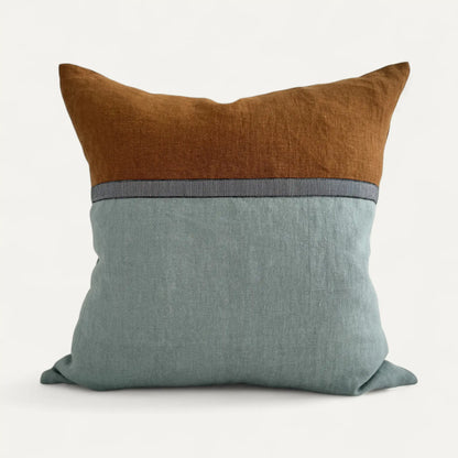 Duck egg blue and brown linen cushion cover