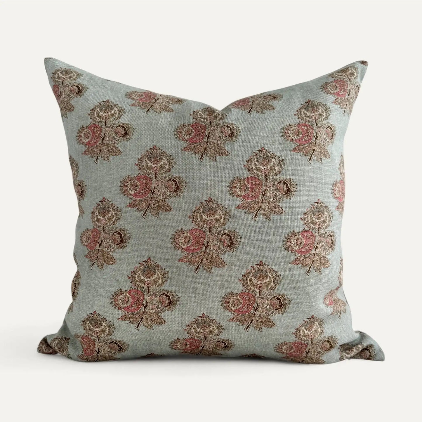 Duck egg blue cushion cover with a blush pink floral poppy pattern