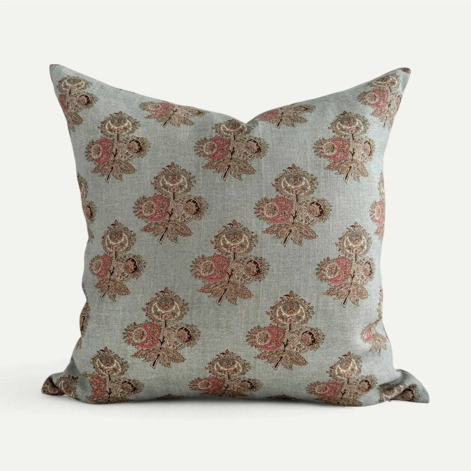 Duck egg blue cushion cover with a blush pink floral poppy pattern