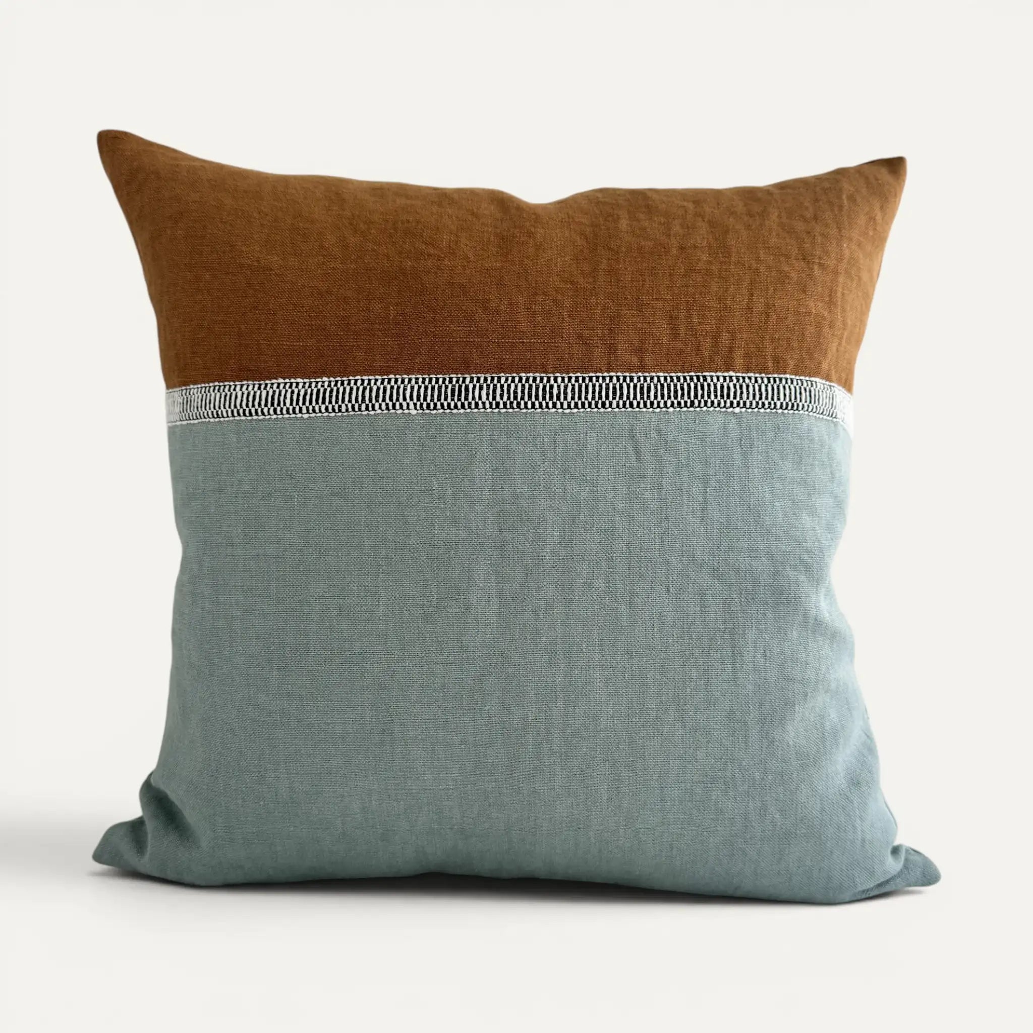 Duck egg blue and brown stonewashed linen cushion cover