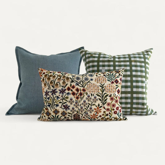 Floral cushion set with teal blue and green checks