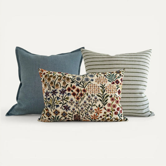 Floral cushion cover set with teal blue and olive green stripes
