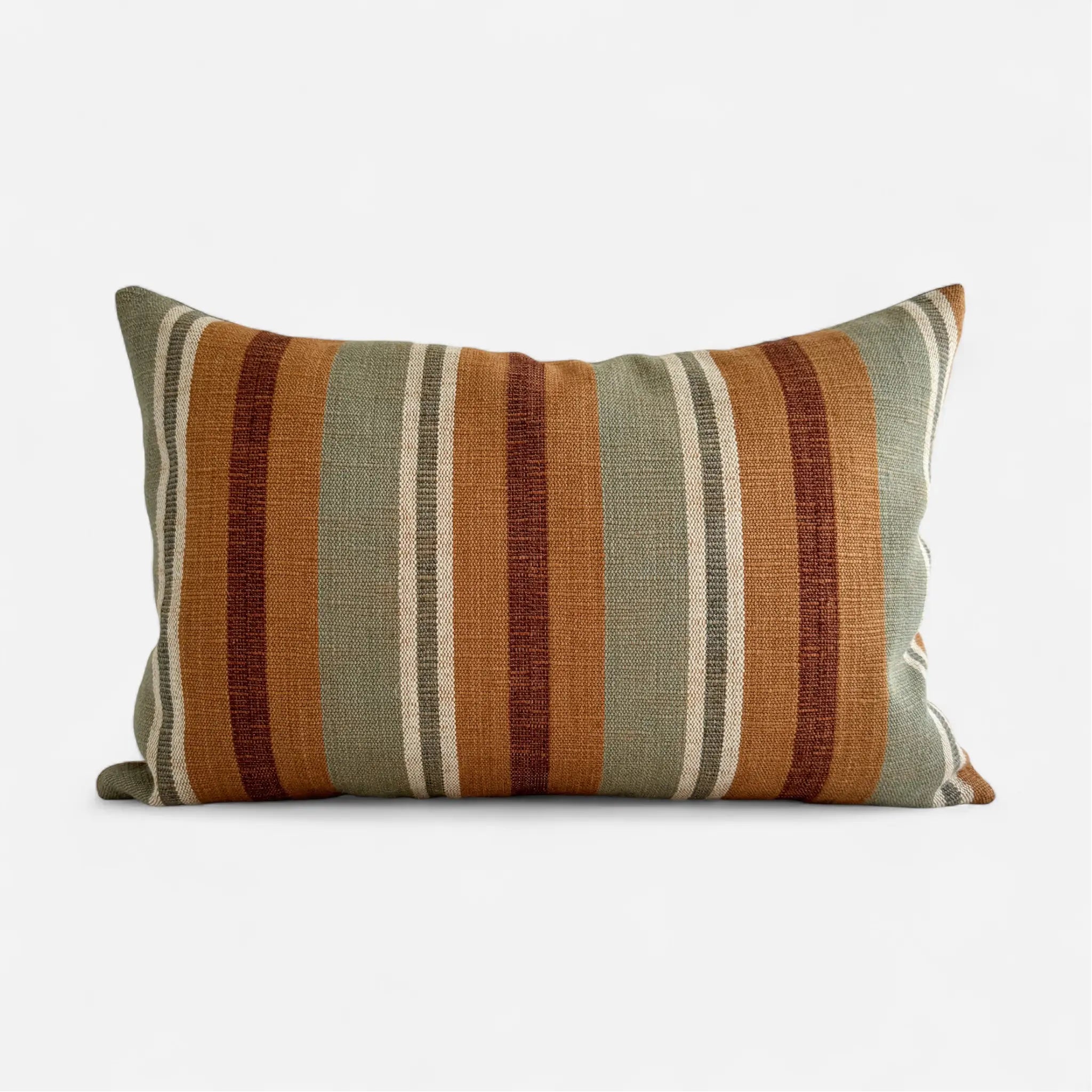 Sage green and orange striped handwoven cotton jute cushion cover