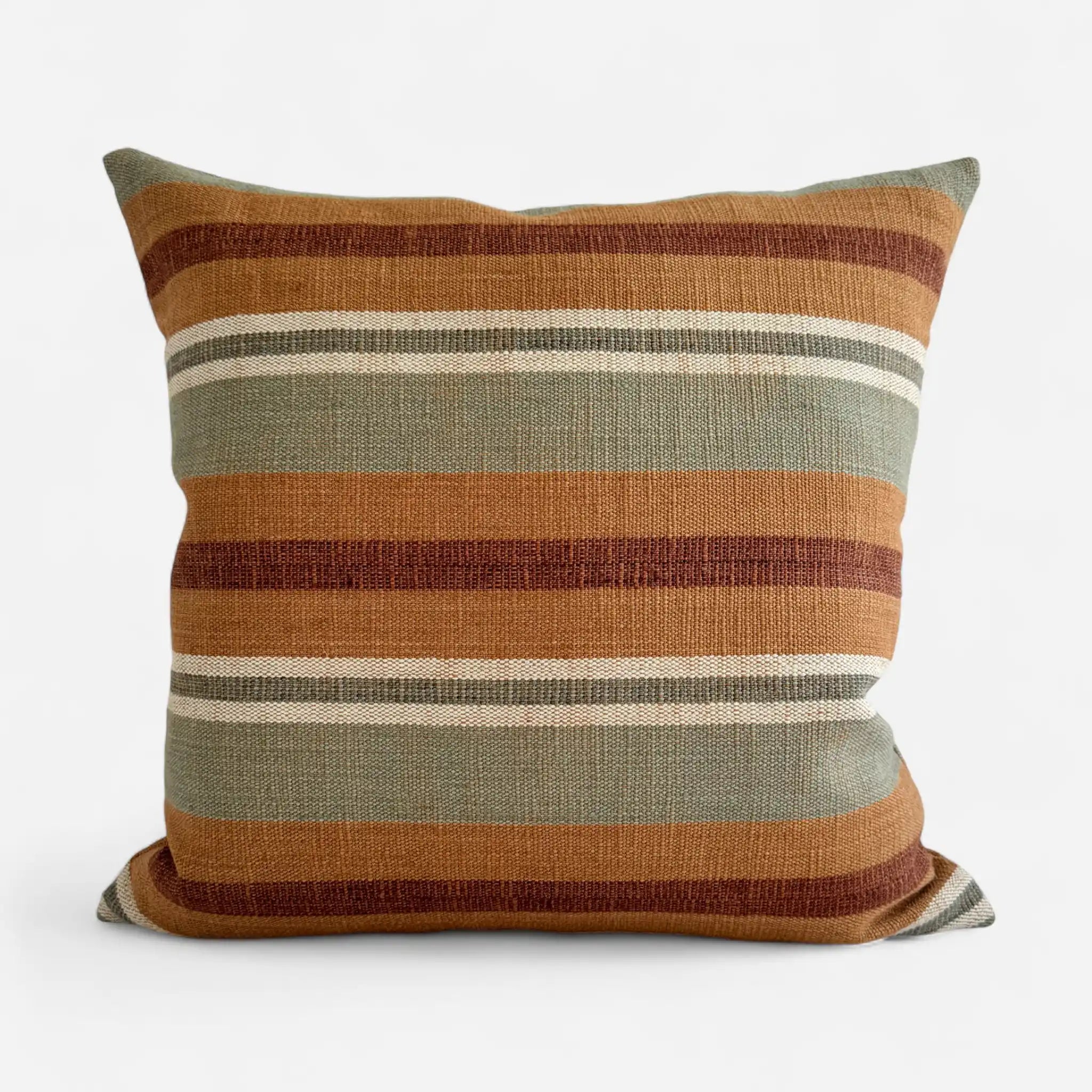Sage green and orange striped handwoven cotton jute cushion cover, 50x50 cm