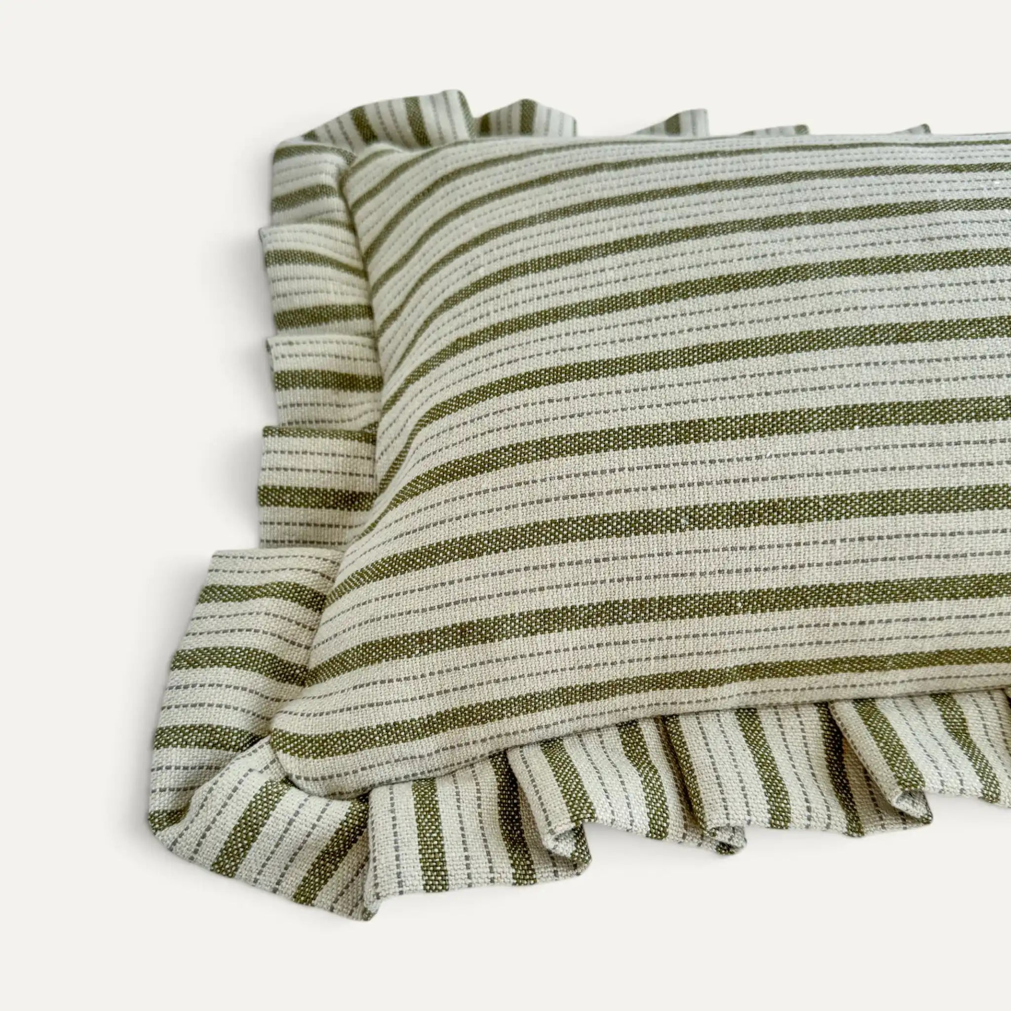 A close-up of a striped throw pillow with ruffled edges, featuring alternating olive green and cream horizontal stripes on a clean white background.