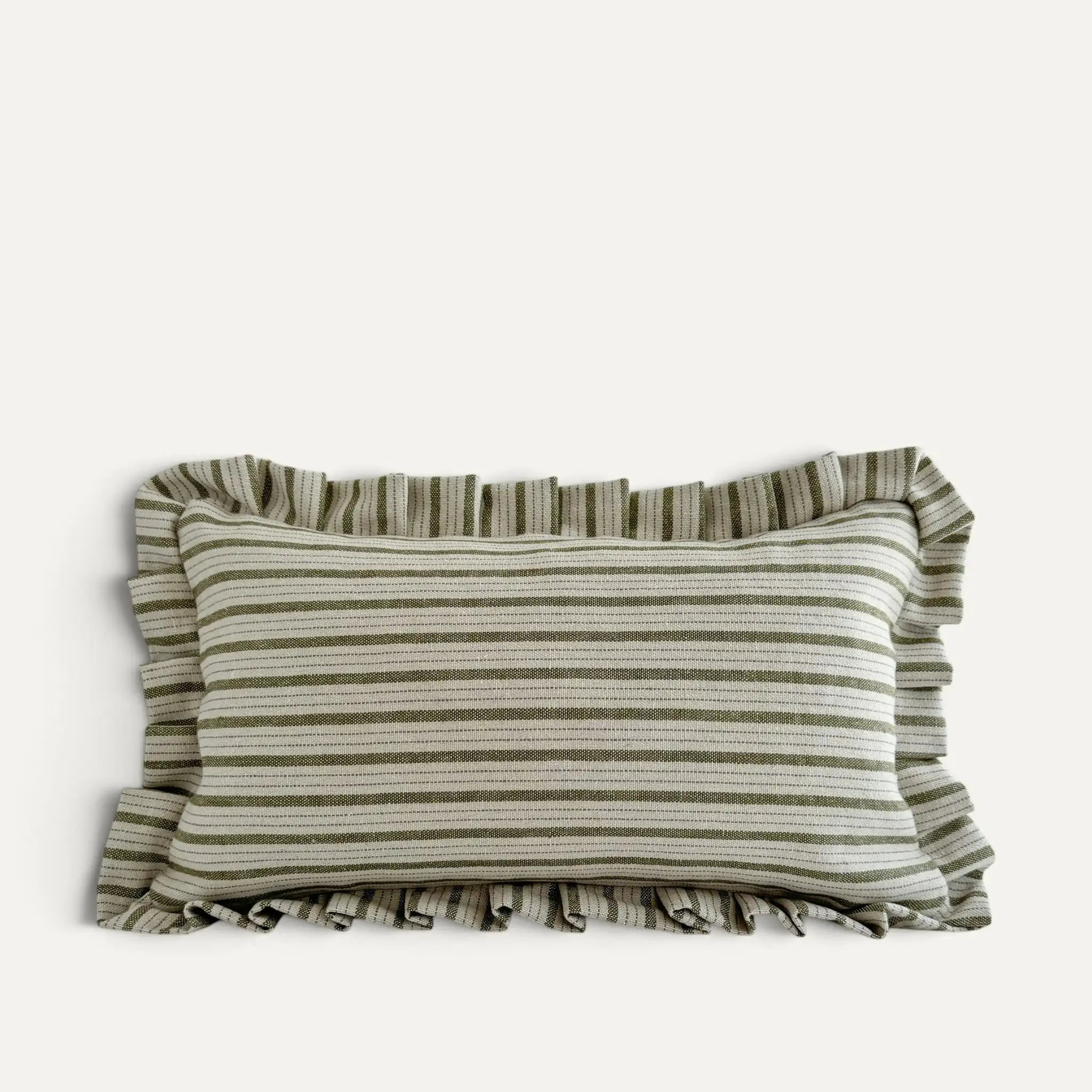 A rectangular cushion with ruffled edges, featuring horizontal stripes in muted olive green and off-white, set against a plain off-white background.