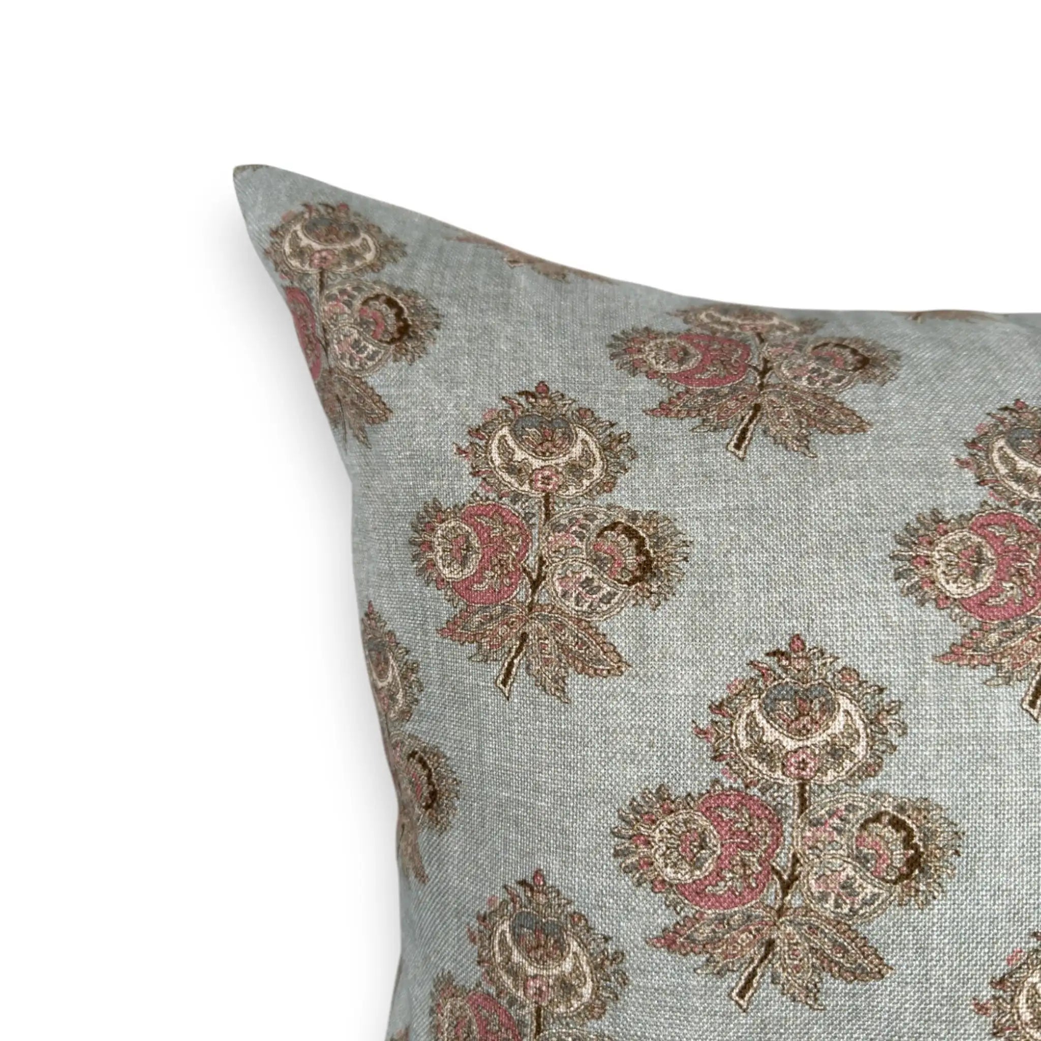 Detail view of duck egg blue patterned cushion cover