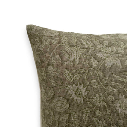 close up view of green block print cushion cover