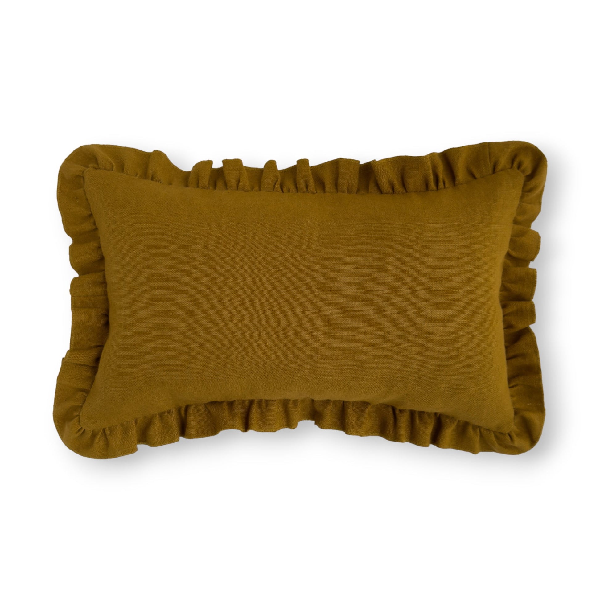 Linen mustard yellow cushion cover with a ruffle edge